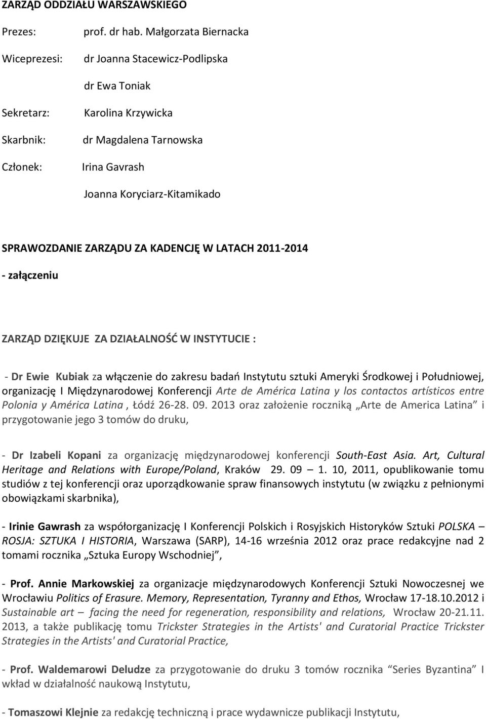 ZA KADENCJĘ W LATACH 2011-2014 - załączeniu ZARZĄD DZIĘKUJE ZA DZIAŁALNOŚĆ W INSTYTUCIE : - Dr Ewie Kubiak za włączenie do zakresu badań Instytutu sztuki Ameryki Środkowej i Południowej, organizację