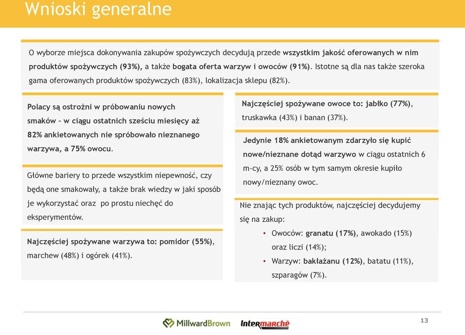 Polacy są ostrożni w próbowaniu nowych smaków w ciągu ostatnich sześciu miesięcy aż 82% ankietowanych nie spróbowało nieznanego warzywa, a 75% owocu.