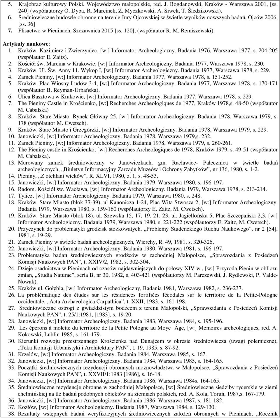 Artykuły naukowe: 1. Kraków. Kazimierz i Zwierzyniec, [w:] Informator Archeologiczny. Badania 1976, Warszawa 1977, s. 204-205 (współautor E. Zaitz). 2. Kościół św.