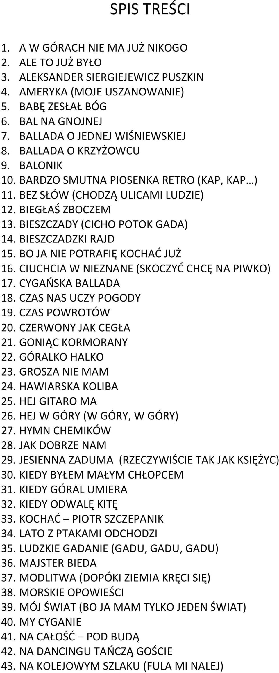 BIESZCZADY (CICHO POTOK GADA) 14. BIESZCZADZKI RAJD 15. BO JA NIE POTRAFIĘ KOCHAĆ JUŻ 16. CIUCHCIA W NIEZNANE (SKOCZYĆ CHCĘ NA PIWKO) 17. CYGAŃSKA BALLADA 18. CZAS NAS UCZY POGODY 19.