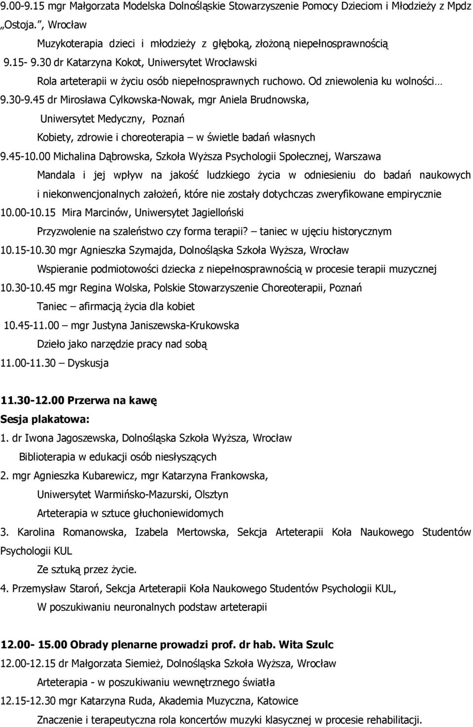 45 dr Mirosława Cylkowska-Nowak, mgr Aniela Brudnowska, Uniwersytet Medyczny, Poznań Kobiety, zdrowie i choreoterapia w świetle badań własnych 9.45-10.