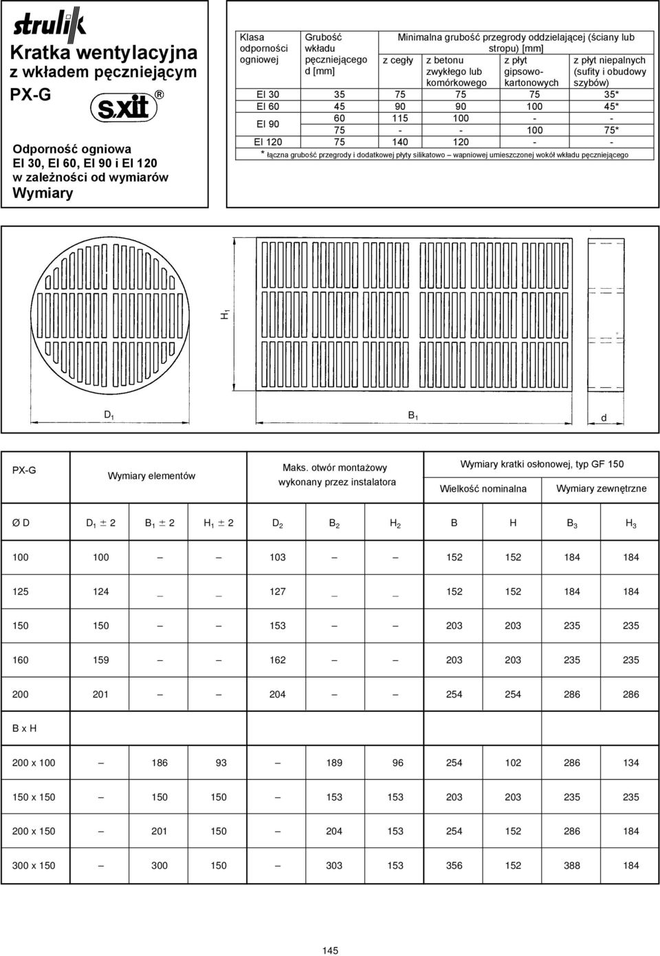 100 75* EI 120 75 140 120 - - * łączna grubość przegroy i oatkowej płyty silikatowo wapniowej umieszczonej wokół wkłau pęczniejącego H 1 D 1 B 1 Wymiary elementów Maks.