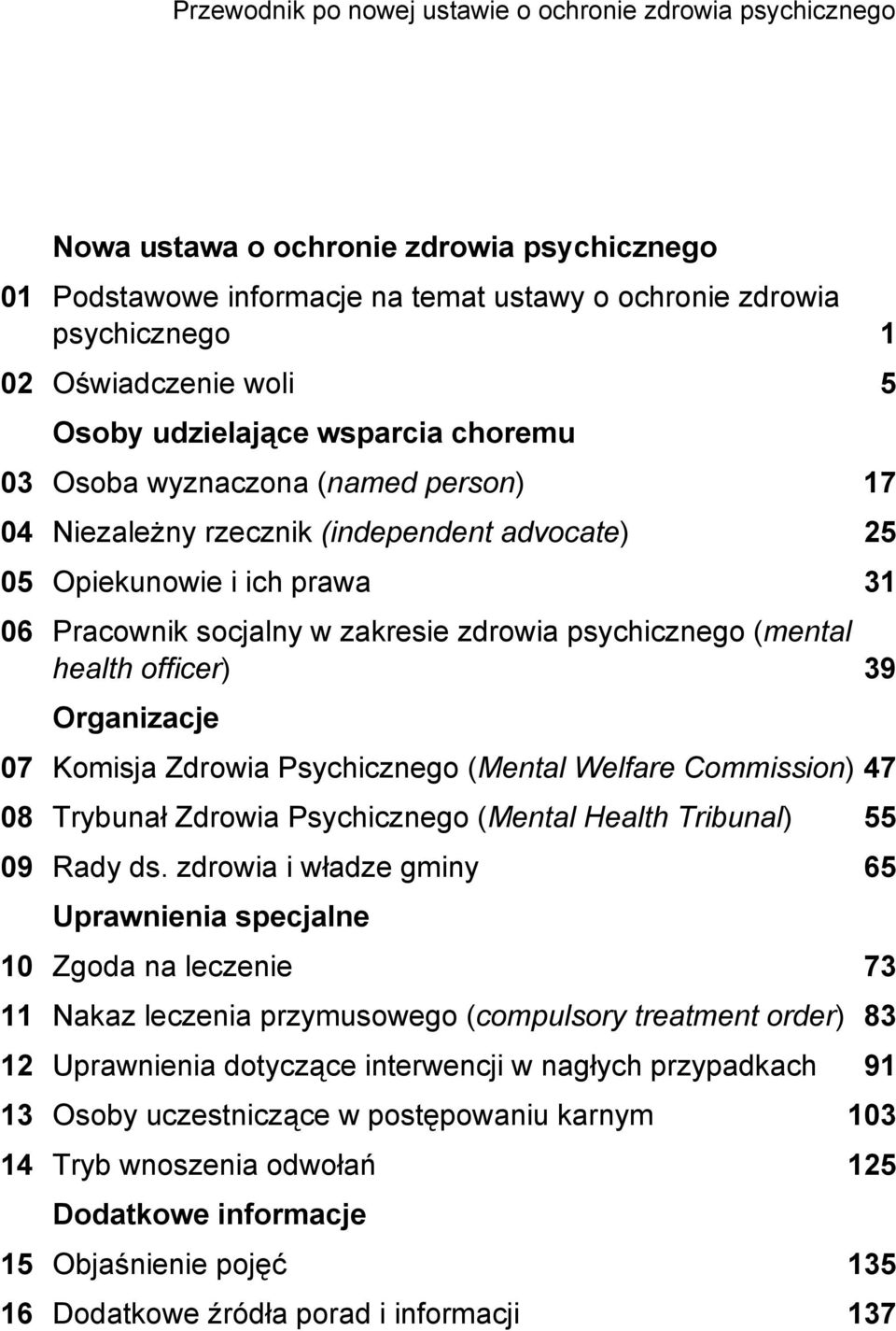 psychicznego (mental health officer) 39 Organizacje 07 Komisja Zdrowia Psychicznego (Mental Welfare Commission) 47 08 Trybunał Zdrowia Psychicznego (Mental Health Tribunal) 55 09 Rady ds.