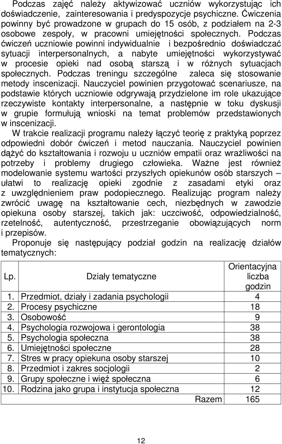 Podczas ćwiczeń uczniowie powinni indywidualnie i bezpośrednio doświadczać sytuacji interpersonalnych, a nabyte umiejętności wykorzystywać w procesie opieki nad osobą starszą i w róŝnych sytuacjach