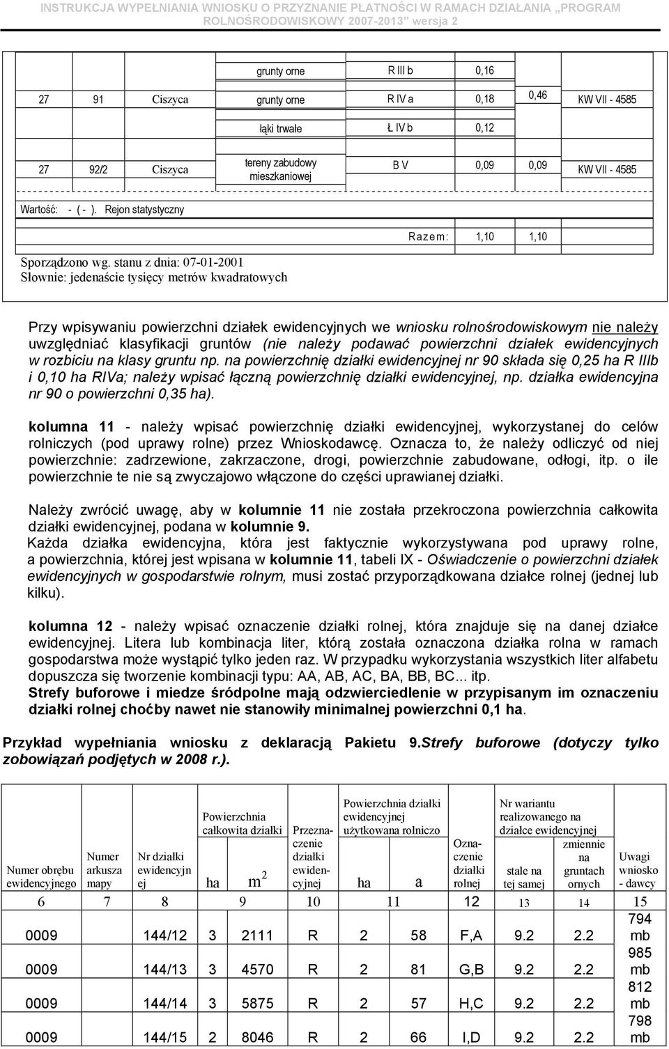 stanu z dnia: 07-01-2001 Słownie: jedenaście tysięcy metrów kwadratowych Przy wpisywaniu powierzchni działek ewidencyjnych we wniosku rolnośrodowiskowym nie należy uwzględniać klasyfikacji gruntów