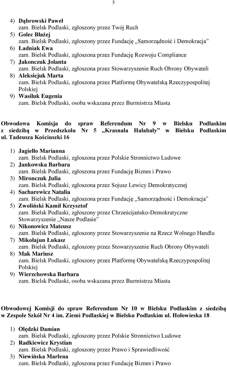 5 Krasnala Hałabały w Bielsku Podlaskim ul. Tadeusza Kościuszki 16 1) Jagiełło Marianna 2) Jankowska Barbara 3) Mironczuk Julia 4) Sacharewicz Natalia 5) Zwoliński Kamil Krzysztof zam.