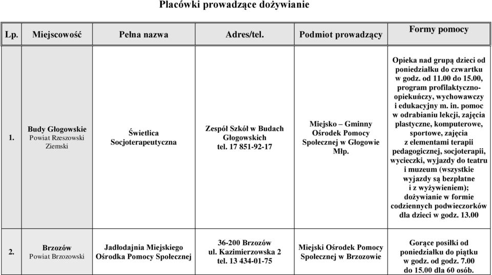 Opieka nad grupą dzieci od poniedziałku do czwartku w godz. od 11.00 do 15.00, program profilaktycznoopiekuńczy, wychowawczy i edukacyjny m. in.