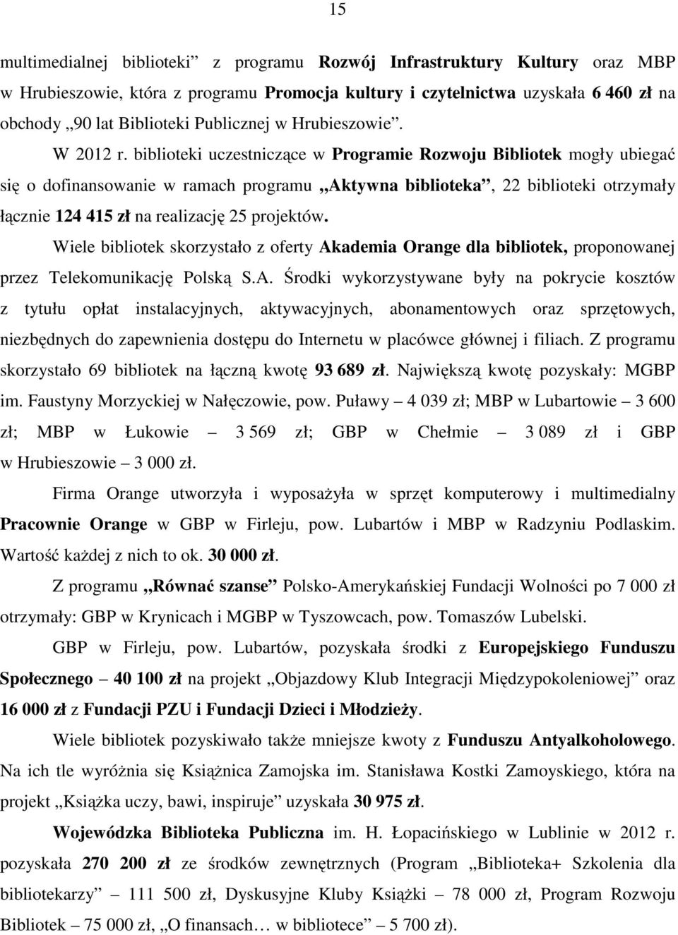 biblioteki uczestniczące w Programie Rozwoju Bibliotek mogły ubiegać się o dofinansowanie w ramach programu Aktywna biblioteka, 22 biblioteki otrzymały łącznie 124 415 zł na realizację 25 projektów.