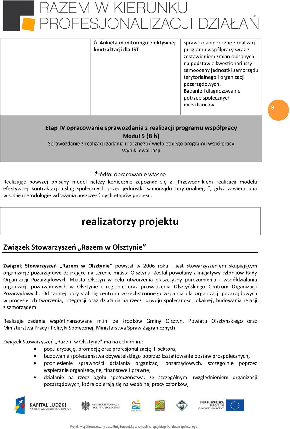 Badanie i diagnozowanie potrzeb społecznych mieszkańców 9 Etap IV opracowanie sprawozdania z realizacji programu współpracy Moduł 5 (8 h) Sprawozdanie z realizacji zadania i rocznego/ wieloletniego