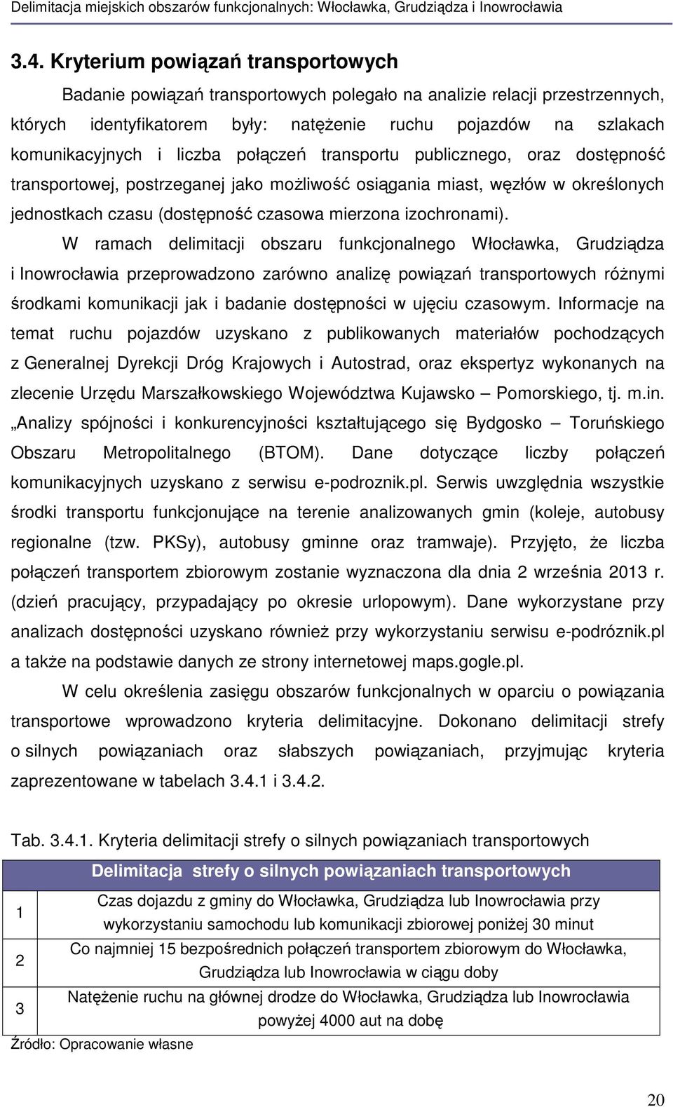 W ramach delimitacji obszaru funkcjonalnego Włocławka, Grudziądza i Inowrocławia przeprowadzono zarówno analizę powiązań transportowych różnymi środkami komunikacji jak i badanie dostępności w ujęciu