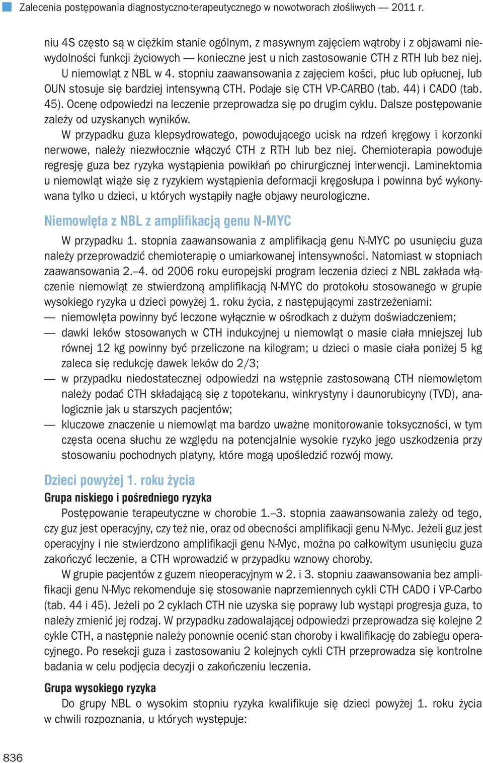 stopniu zaawansowania z zajęciem kości, płuc lub opłucnej, lub OUN stosuje się bardziej intensywną CTH. Podaje się CTH VP-CARBO (tab. 44) i CADO (tab. 45).