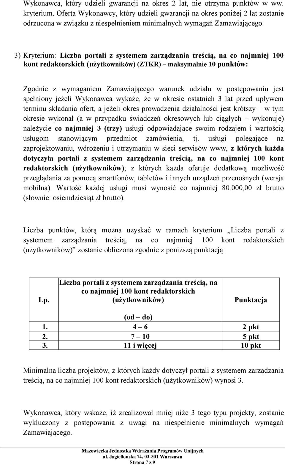 3) Kryterium: Liczba portali z systemem zarządzania treścią, na co najmniej 100 kont redaktorskich (użytkowników) (ZTKR) maksymalnie 10 punktów: Zgodnie z wymaganiem Zamawiającego warunek udziału w