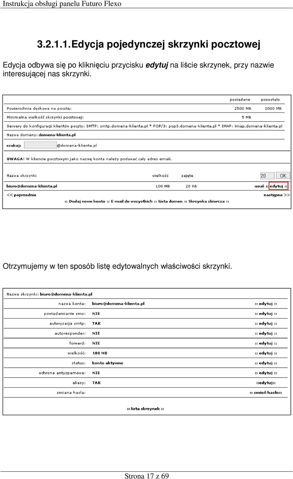 po kliknięciu przycisku edytuj na liście skrzynek, przy