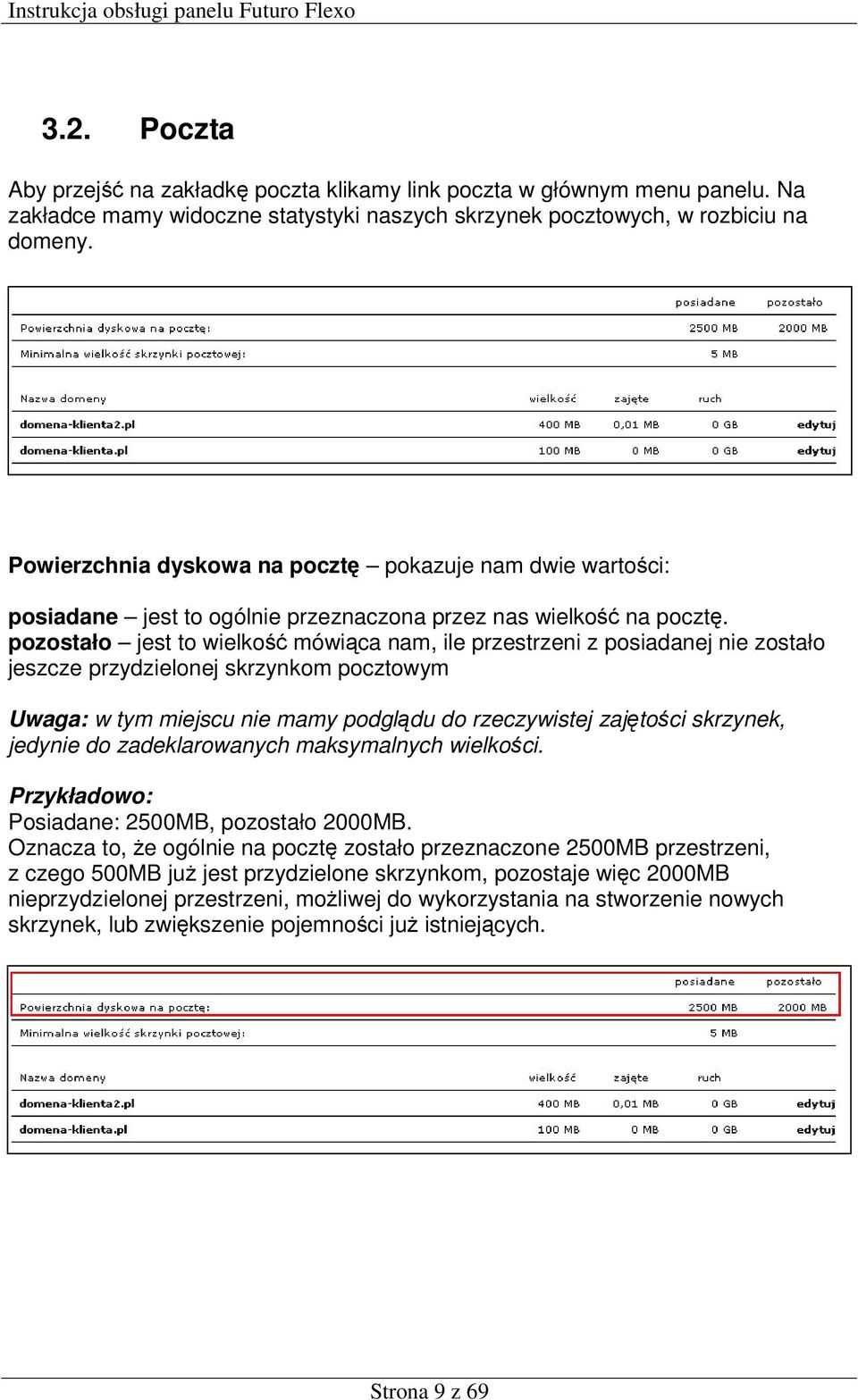 pozostało jest to wielkość mówiąca nam, ile przestrzeni z posiadanej nie zostało jeszcze przydzielonej skrzynkom pocztowym Uwaga: w tym miejscu nie mamy podglądu do rzeczywistej zajętości skrzynek,