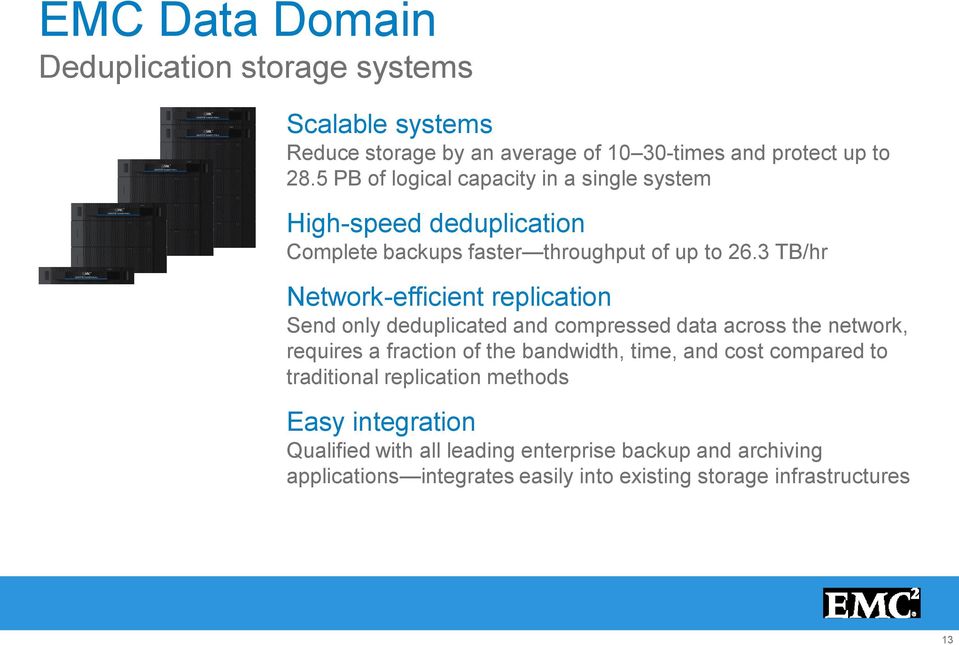 3 TB/hr Network-efficient replication Send only deduplicated and compressed data across the network, requires a fraction of the bandwidth, time,