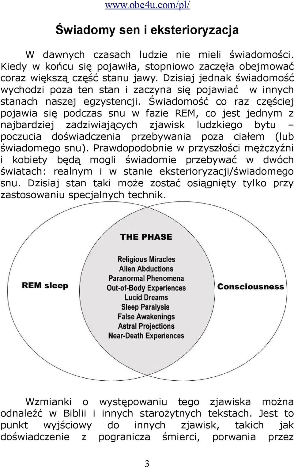 Świadomość co raz częściej pojawia się podczas snu w fazie REM, co jest jednym z najbardziej zadziwiających zjawisk ludzkiego bytu poczucia doświadczenia przebywania poza ciałem (lub świadomego snu).