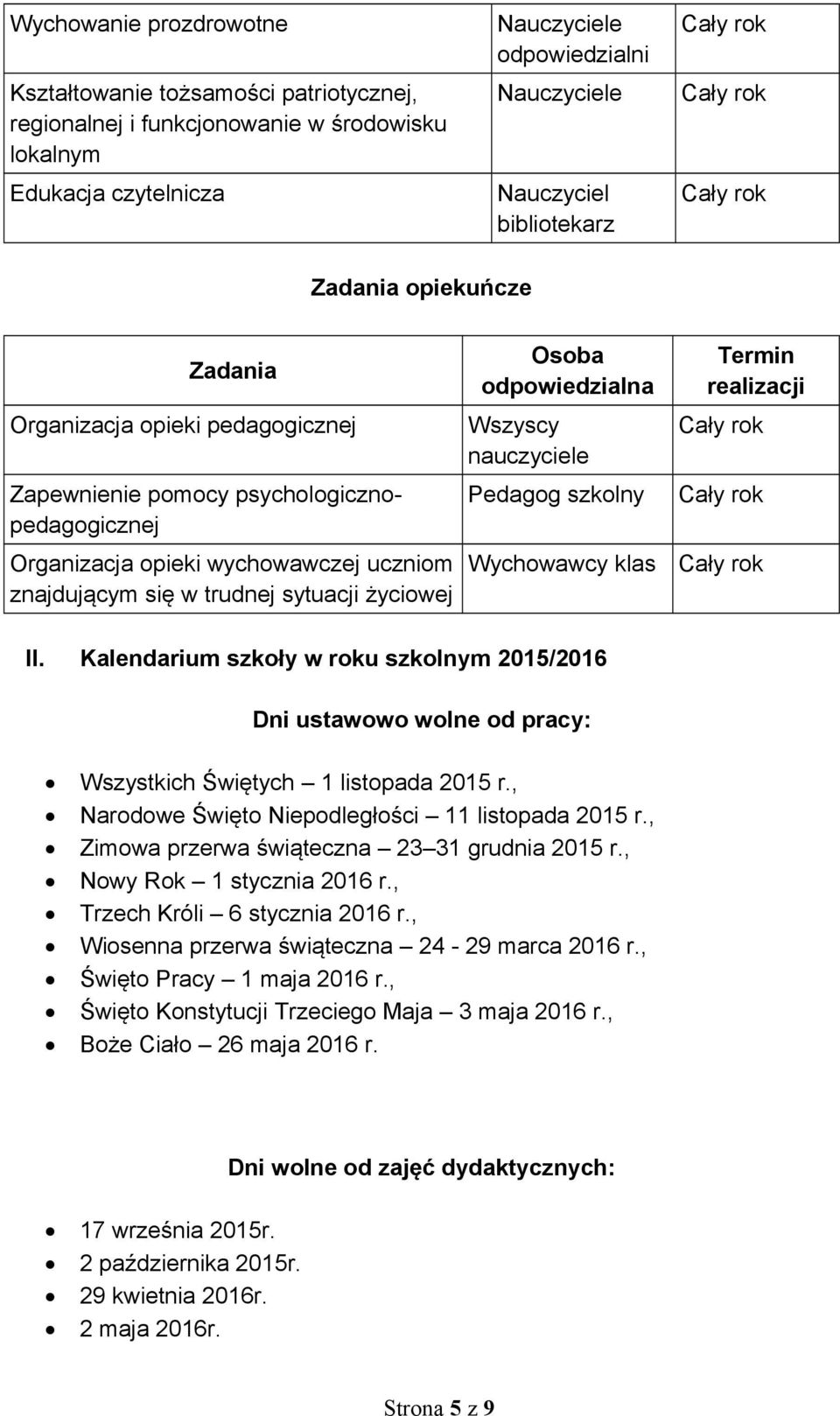 sytuacji życiowej Pedagog Wychowawcy klas II. Kalendarium szkoły w roku m 2015/2016 Dni ustawowo wolne od pracy: Wszystkich Świętych 1 listopada 2015 r.