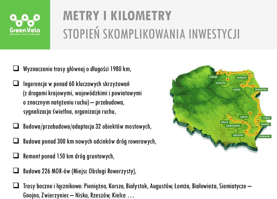 Budowa/przebudowa/adaptacja 32 obiektów mostowych, Budowa ponad 300 km nowych odcinków dróg rowerowych, Remont ponad 150 km dróg gruntowych, Budowa