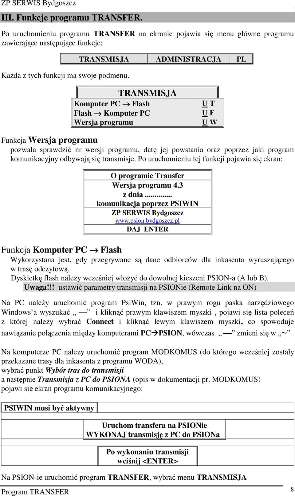 jaki program komunikacyjny odbywają się transmisje. Po uruchomieniu tej funkcji pojawia się ekran: O programie Transfer Wersja programu 4.3 z dnia... komunikacja poprzez PSIWIN ZP SERWIS Bydgoszcz www.