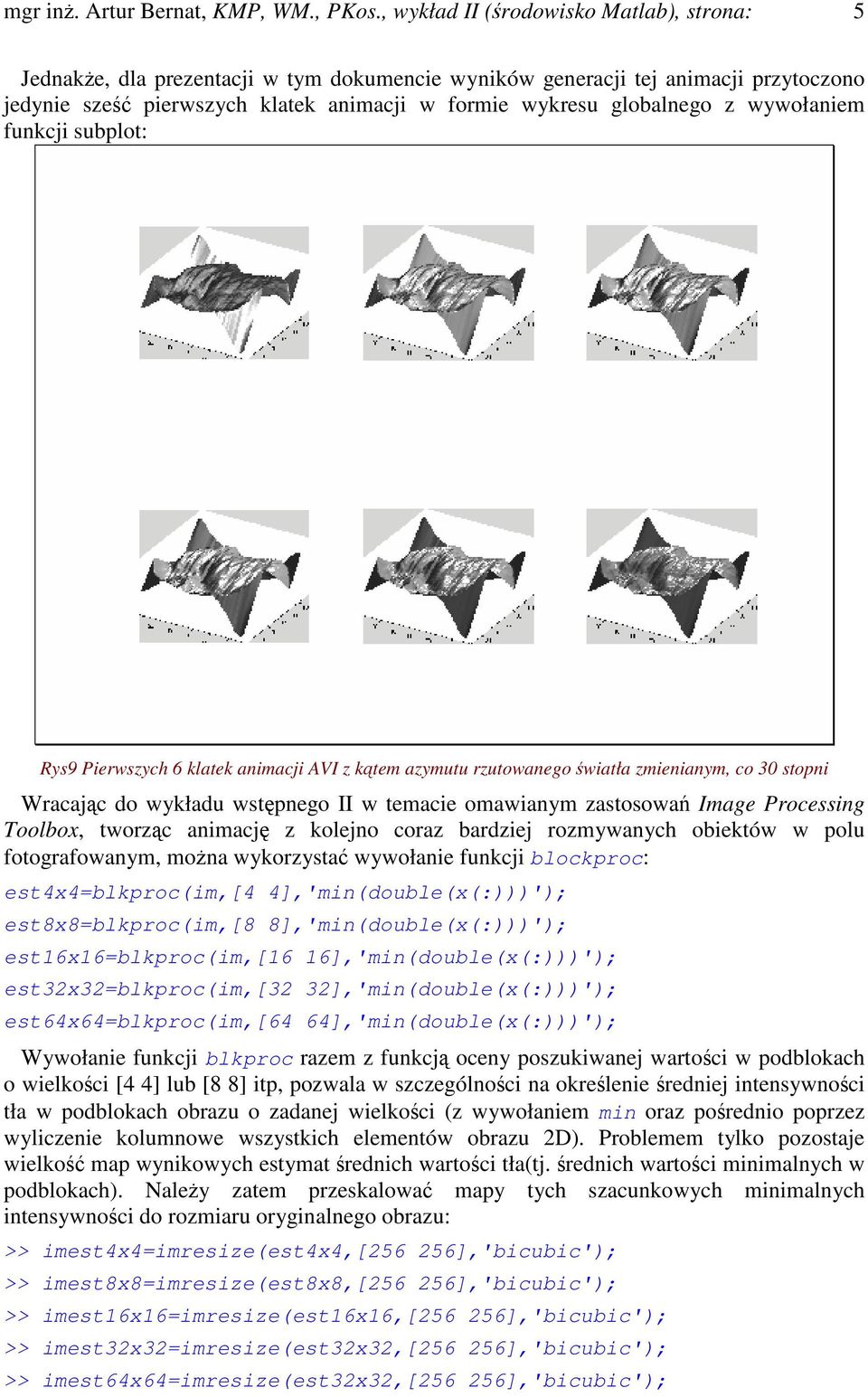 wywołaniem funkcji subplot: Rys9 Pierwszych 6 klatek animacji AVI z ktem azymutu rzutowanego wiatła zmienianym, co 30 stopni Wracajc do wykładu wstpnego II w temacie omawianym zastosowa Image