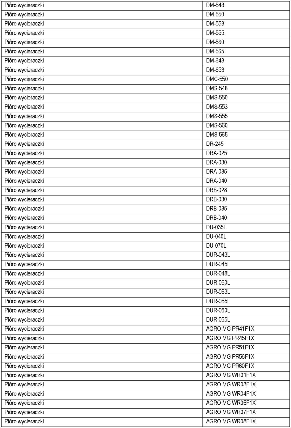 DUR-048L DUR-050L DUR-053L DUR-055L DUR-060L DUR-065L AGRO MG PR41F1X AGRO MG PR45F1X AGRO MG PR51F1X AGRO MG