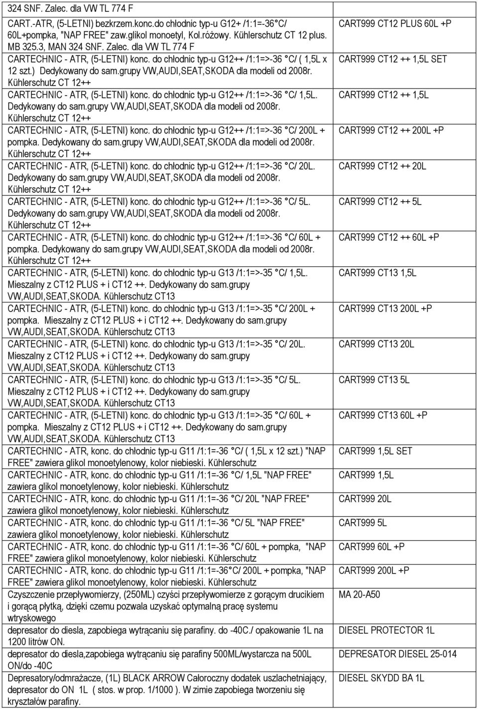 Kühlerschutz CT 12++ CARTECHNIC - ATR, (5-LETNI) konc. do chłodnic typ-u G12++ /1:1=>-36 C/ 1,5L. Dedykowany do sam.grupy VW,AUDI,SEAT,SKODA dla modeli od 2008r.