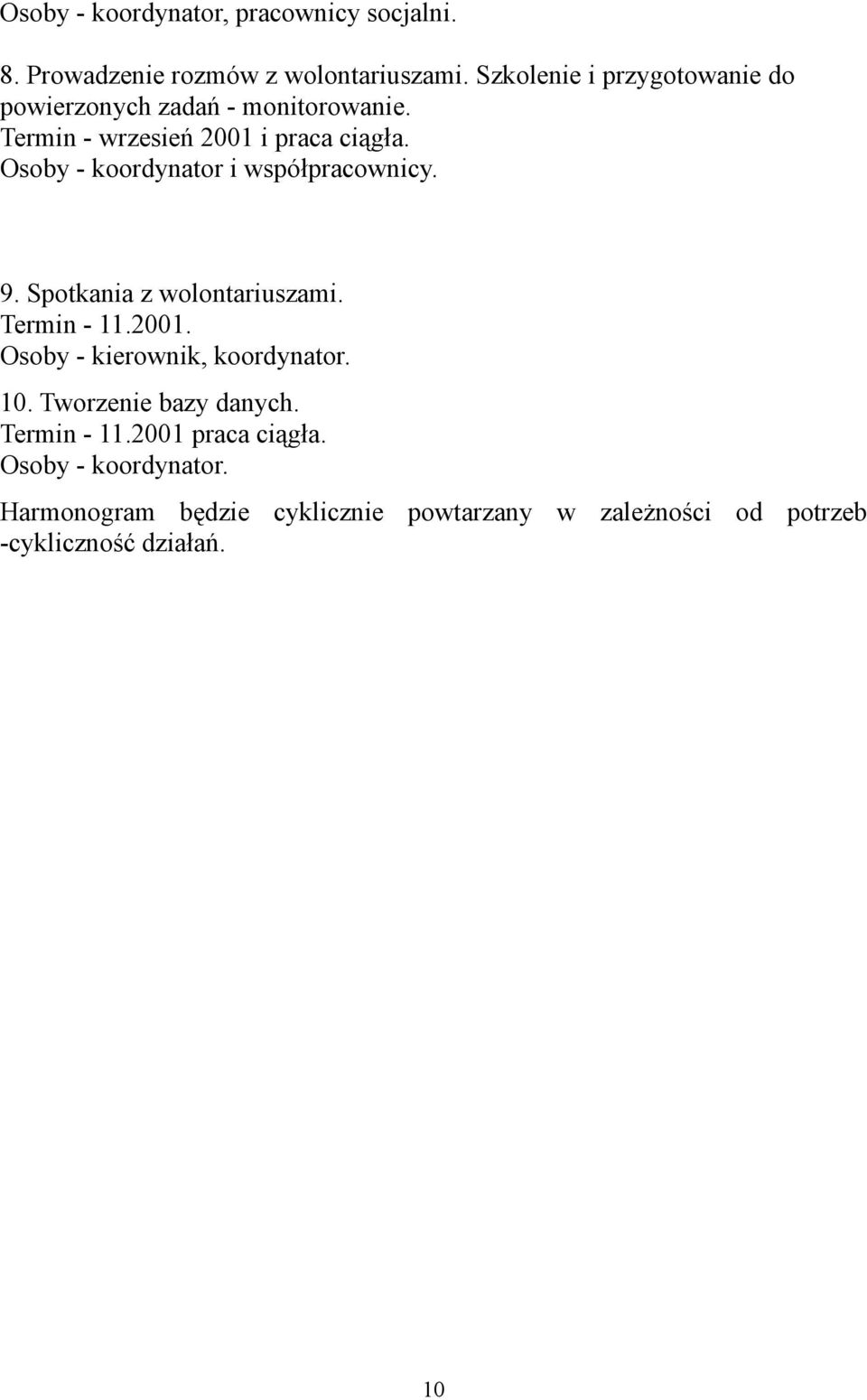 Osoby - koordynator i współpracownicy. 9. Spotkania z wolontariuszami. Termin - 11.2001.