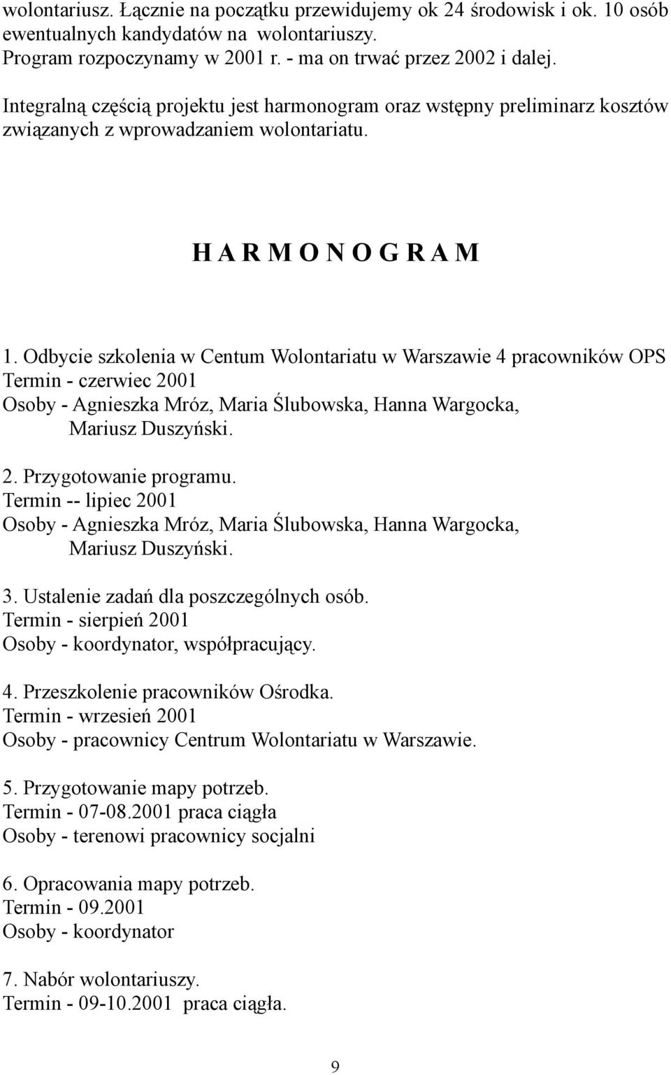 Odbycie szkolenia w Centum Wolontariatu w Warszawie 4 pracowników OPS Termin - czerwiec 2001 Osoby - Agnieszka Mróz, Maria Ślubowska, Hanna Wargocka, Mariusz Duszyński. 2. Przygotowanie programu.