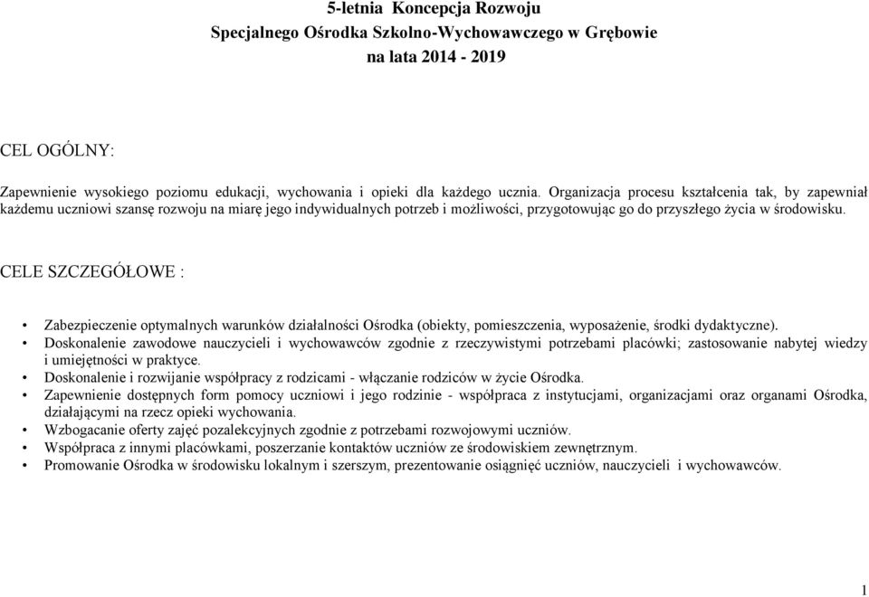 CELE SZCZEGÓŁOWE : Zabezpieczenie optymalnych warunków działalności Ośrodka (obiekty, pomieszczenia, wyposażenie, środki dydaktyczne).