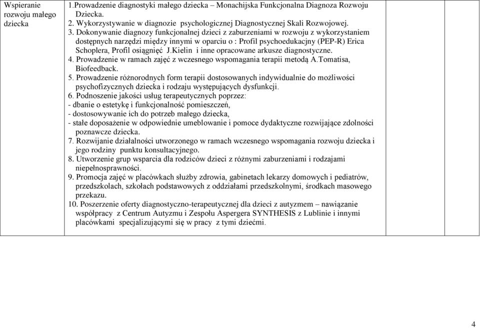 Dokonywanie diagnozy funkcjonalnej dzieci z zaburzeniami w rozwoju z wykorzystaniem dostępnych narzędzi między innymi w oparciu o : Profil psychoedukacjny (PEP-R) Erica Schoplera, Profil osiągnięć J.