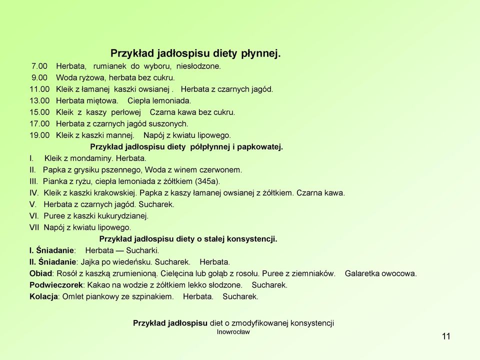 Przykład jadłospisu diety półpłynnej i papkowatej. I. Kleik z mondaminy. Herbata. II. Papka z grysiku pszennego, Woda z winem czerwonem. III. Pianka z ryżu, ciepła lemoniada z żółtkiem (345a). IV.