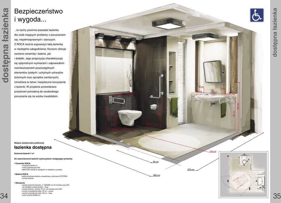 Jego propozycja charakteryzuje się optymalnymi wymiarami i odpowiednim rozmieszczeniem poszczególnych elementów (stałych i uchylnych uchwytów ściennych oraz sprzętów sanitarnych).