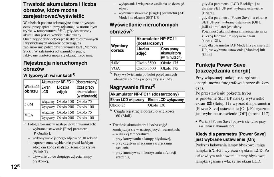 W zależności od warunków pracy, faktyczne wartości mogą się okazać nieco inne. Rejestracja nieruchomych obrazów W typowych warunkach 1) Wielkość obrazu Włączony Około 150 Około 75 5.