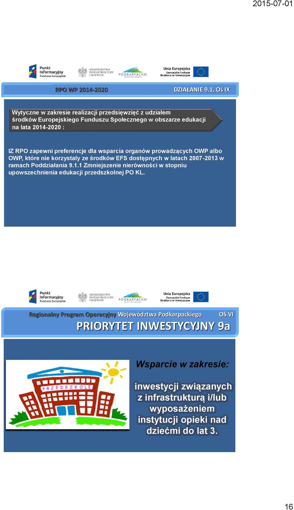 Poddziałania 9.1.1 Zmniejszenie nierówności w stopniu upowszechnienia edukacji przedszkolnej PO KL.