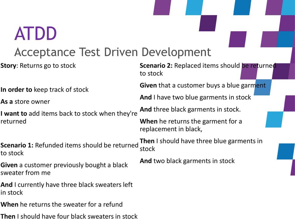 sweater for a refund Then I should have four black sweaters in stock Scenario 2: Replaced items should be returned to stock Given that a customer buys a blue garment And I have two