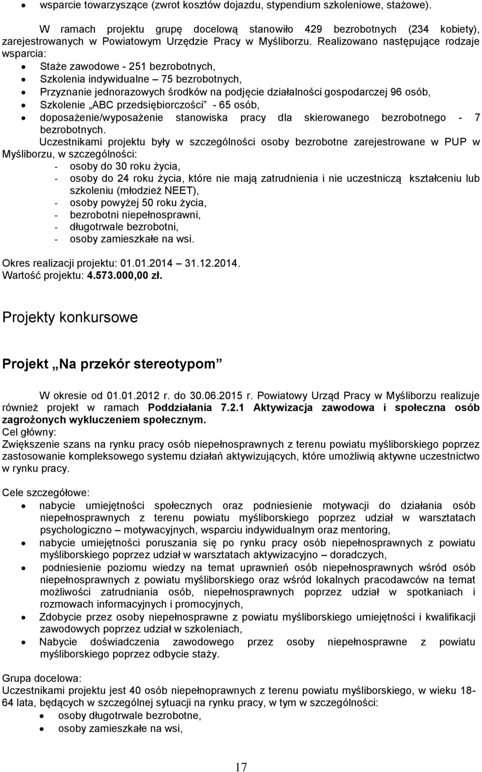 Realizowano następujące rodzaje wsparcia: Staże zawodowe - 251 bezrobotnych, Szkolenia indywidualne 75 bezrobotnych, Przyznanie jednorazowych środków na podjęcie działalności gospodarczej 96 osób,