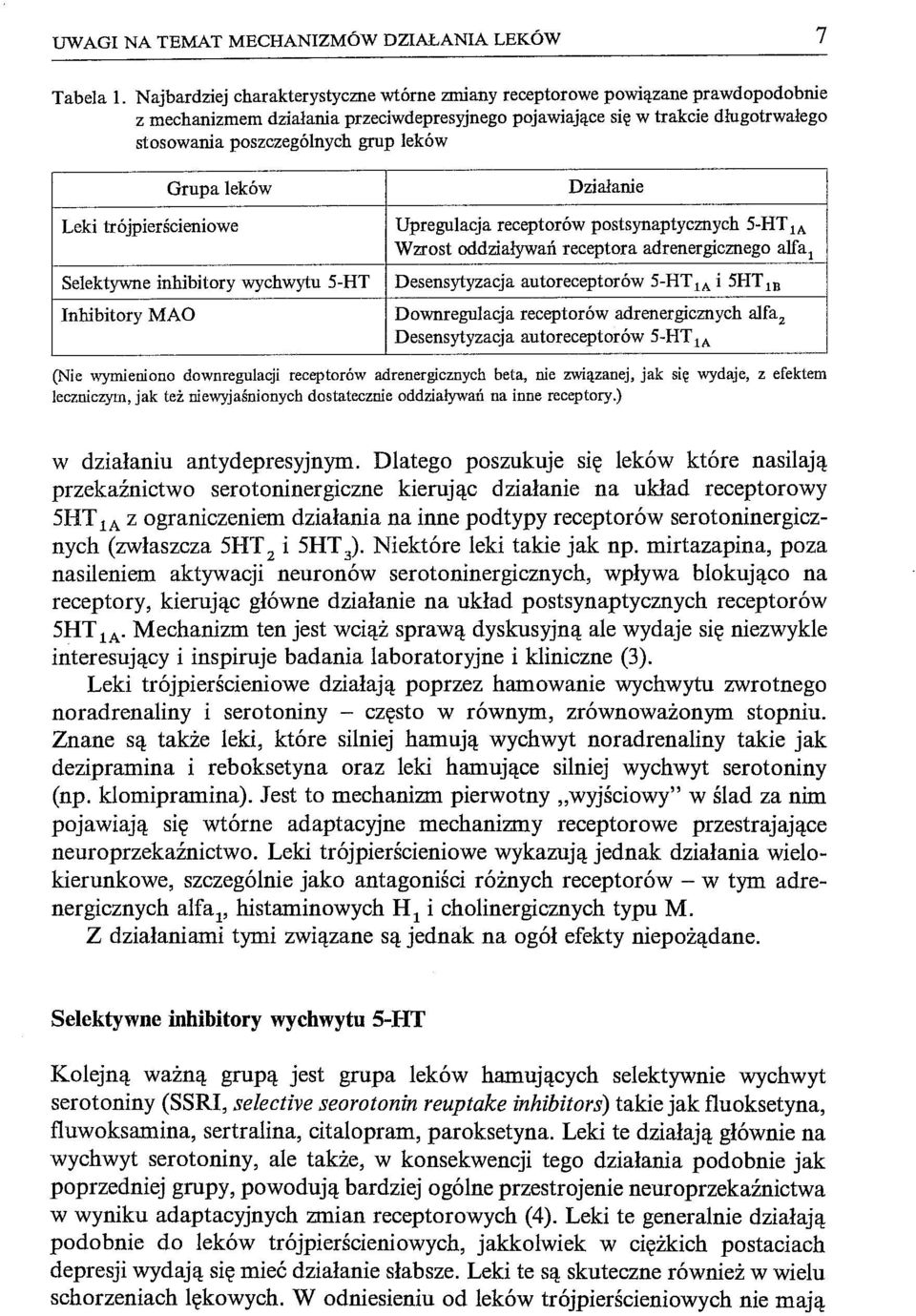 leków Grupa leków Leki trójpierścieniowe Selektywne inhibitory wychwytu 5-HT Inhibitory MAO Działanie Upregulacja receptorów postsynaptycznych 5-HT la Wzrost oddziaływań receptora adrenergicznego