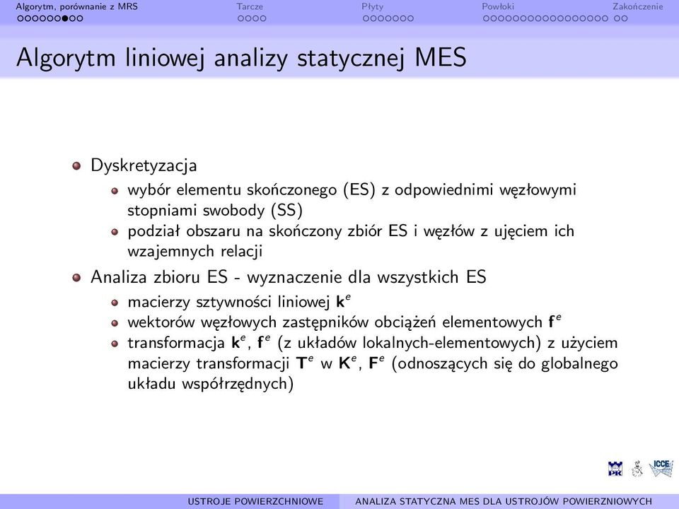 wszystkich ES macierzy sztywności liniowej k e wektorów węzłowych zastępników obciążeń elementowych f e transformacja k e, f e