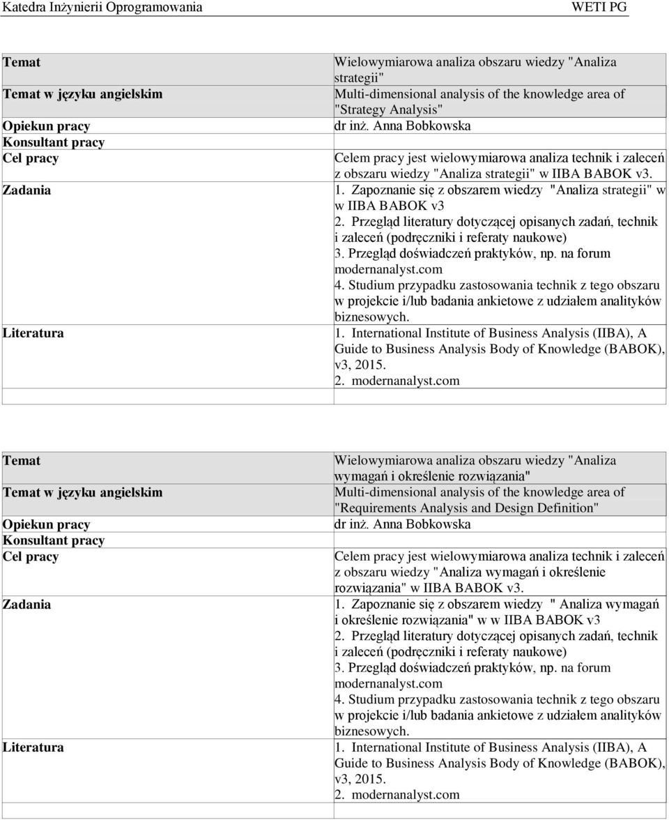 Zapoznanie się z obszarem wiedzy "Analiza strategii" w w IIBA BABOK v3 2. Przegląd literatury dotyczącej opisanych zadań, technik i zaleceń (podręczniki i referaty naukowe) 3.