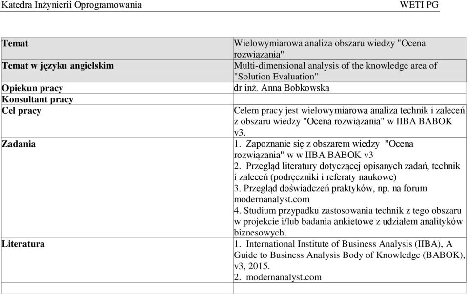 Zapoznanie się z obszarem wiedzy "Ocena rozwiązania" w w IIBA BABOK v3 2. Przegląd literatury dotyczącej opisanych zadań, technik i zaleceń (podręczniki i referaty naukowe) 3.