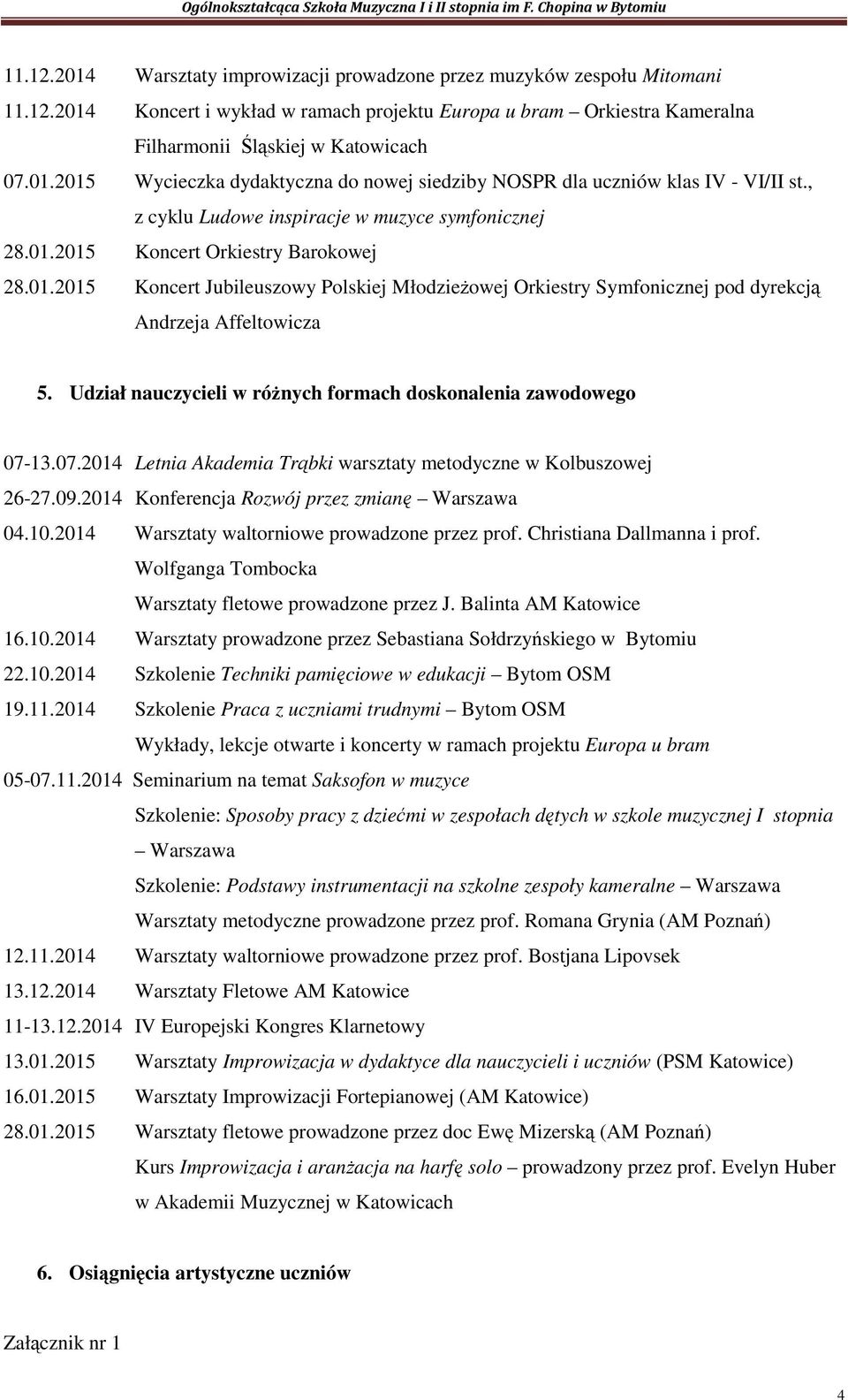 Udział nauczycieli w róŝnych formach doskonalenia zawodowego 07-13.07.2014 Letnia Akademia Trąbki warsztaty metodyczne w Kolbuszowej 26-27.09.2014 Konferencja Rozwój przez zmianę Warszawa 04.10.