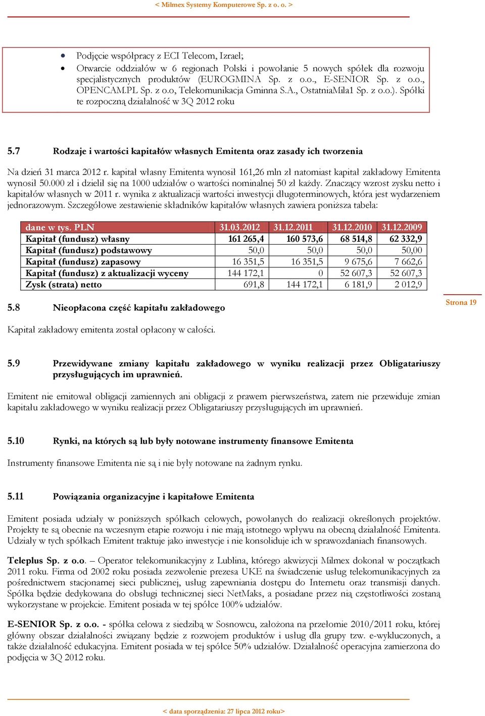 7 Rodzaje i wartości kapitałów własnych Emitenta oraz zasady ich tworzenia Na dzień 31 marca 2012 r. kapitał własny Emitenta wynosił 161,26 mln zł natomiast kapitał zakładowy Emitenta wynosił 50.