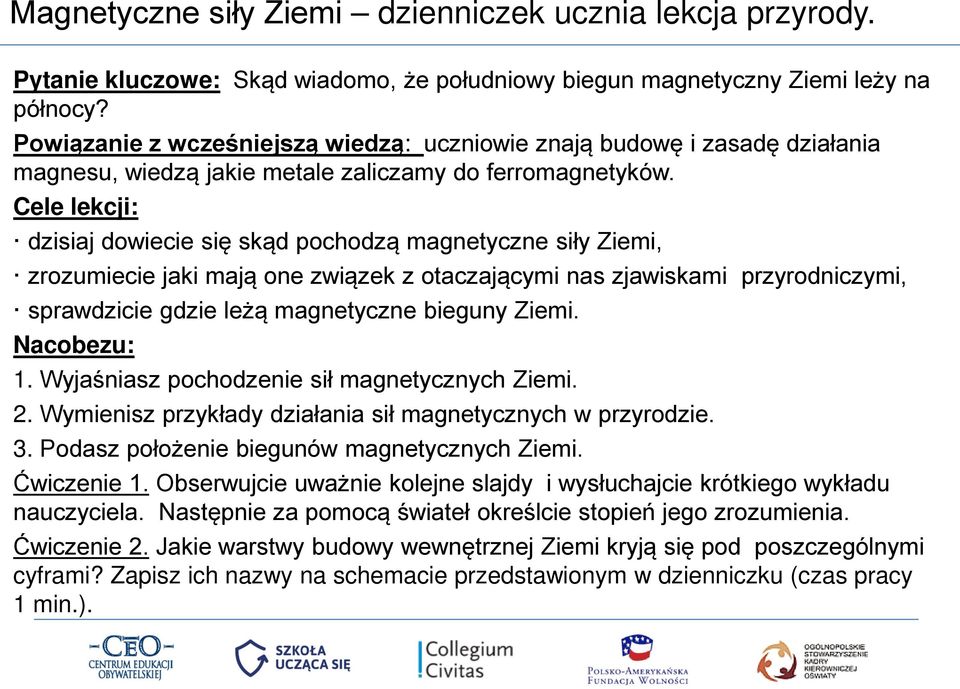 Cele lekcji: dzisiaj dowiecie się skąd pochodzą magnetyczne siły Ziemi, zrozumiecie jaki mają one związek z otaczającymi nas zjawiskami przyrodniczymi, sprawdzicie gdzie leżą magnetyczne bieguny