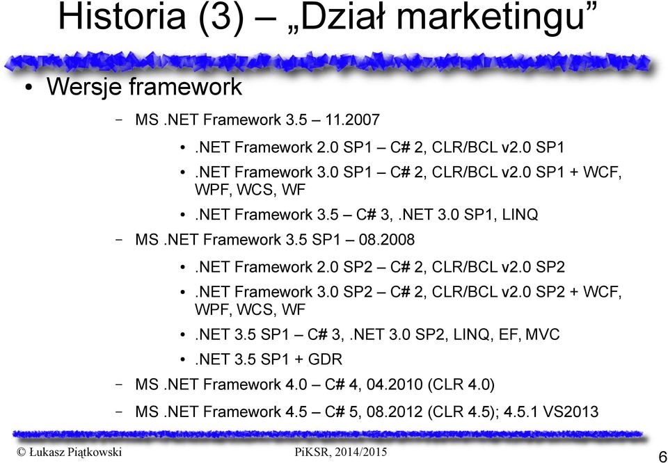 2008.NET Framework 2.0 SP2 C# 2, CLR/BCL v2.0 SP2.NET Framework 3.0 SP2 C# 2, CLR/BCL v2.0 SP2 + WCF, WPF, WCS, WF.NET 3.5 SP1 C# 3,.