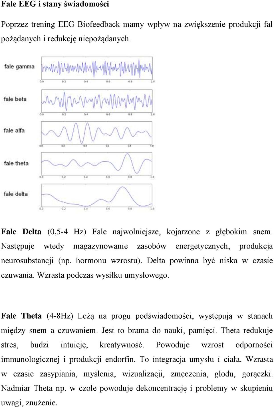 Delta powinna być niska w czasie czuwania. Wzrasta podczas wysiłku umysłowego. Fale Theta (4-8Hz) Leżą na progu podświadomości, występują w stanach między snem a czuwaniem.