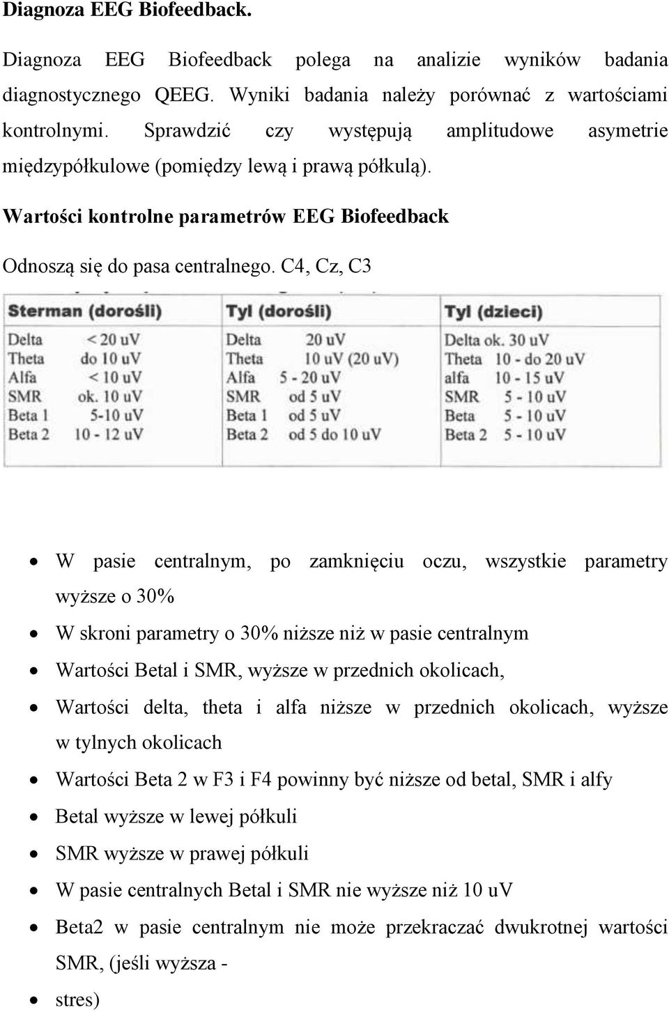 C4, Cz, C3 W pasie centralnym, po zamknięciu oczu, wszystkie parametry wyższe o 30% W skroni parametry o 30% niższe niż w pasie centralnym Wartości Betal i SMR, wyższe w przednich okolicach, Wartości