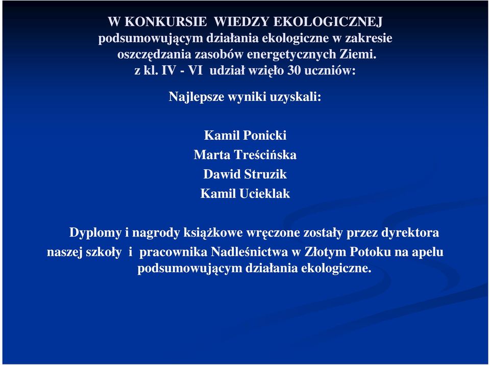 IV - VI udział wzięło 30 uczniów: Najlepsze wyniki uzyskali: Kamil Ponicki Marta Treścińska Dawid