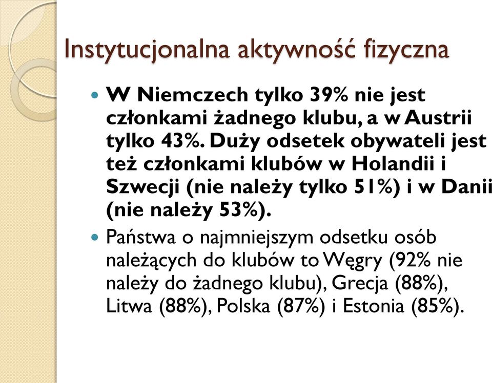 Duży odsetek obywateli jest też członkami klubów w Holandii i Szwecji (nie należy tylko 51%) i w