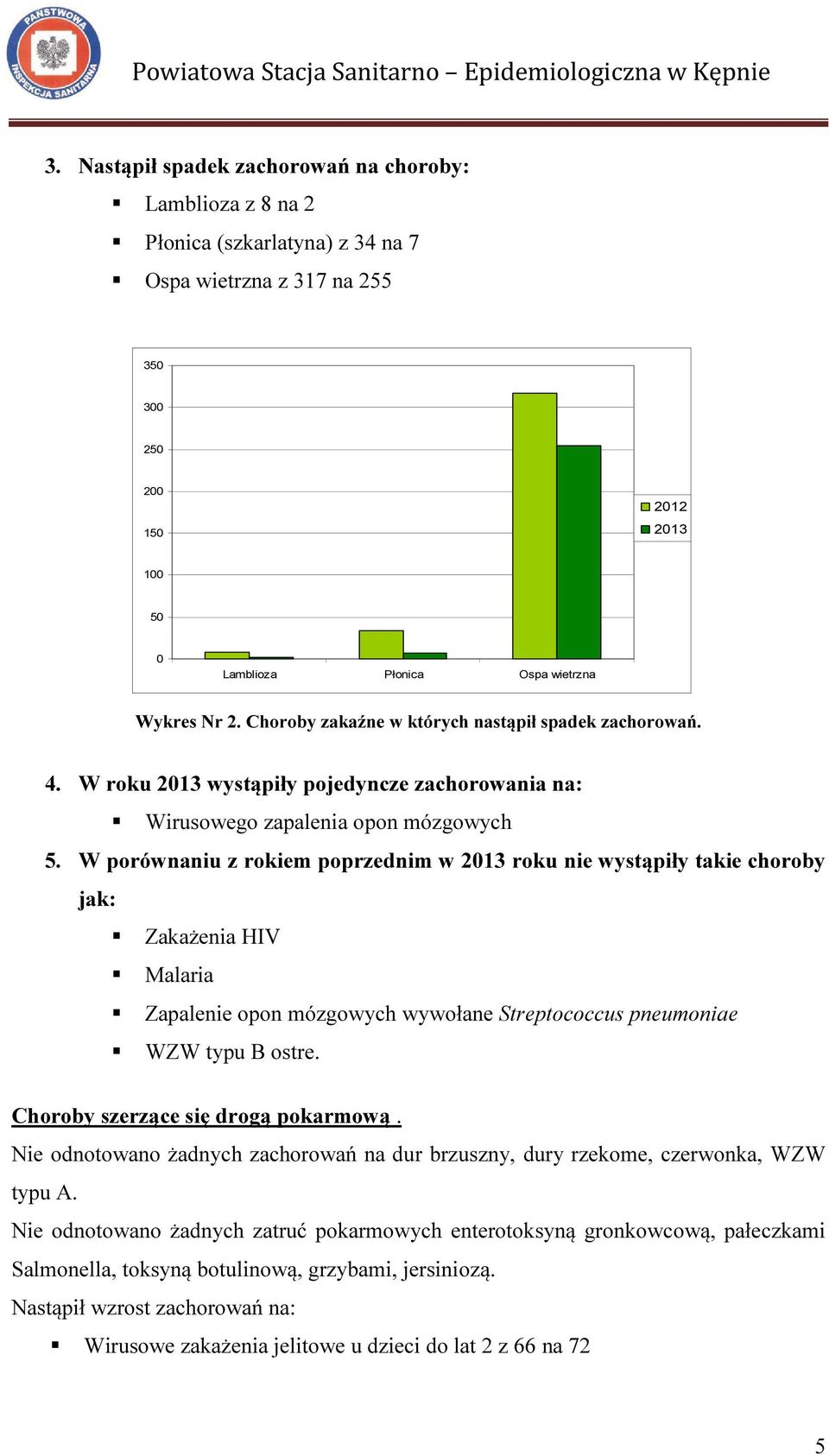 W porównaniu z rokiem poprzednim w 2013 roku nie wystąpiły takie choroby jak: Zakażenia HIV Malaria Zapalenie opon mózgowych wywołane Streptococcus pneumoniae WZW typu B ostre.