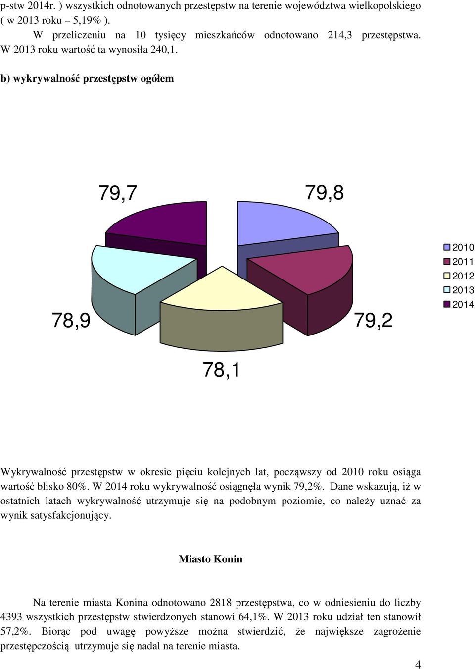 b) wykrywalność przestępstw ogółem 79,7 79,8 78,9 79,2 2010 2011 2012 2013 2014 78,1 Wykrywalność przestępstw w okresie pięciu kolejnych lat, począwszy od 2010 roku osiąga wartość blisko 80%.